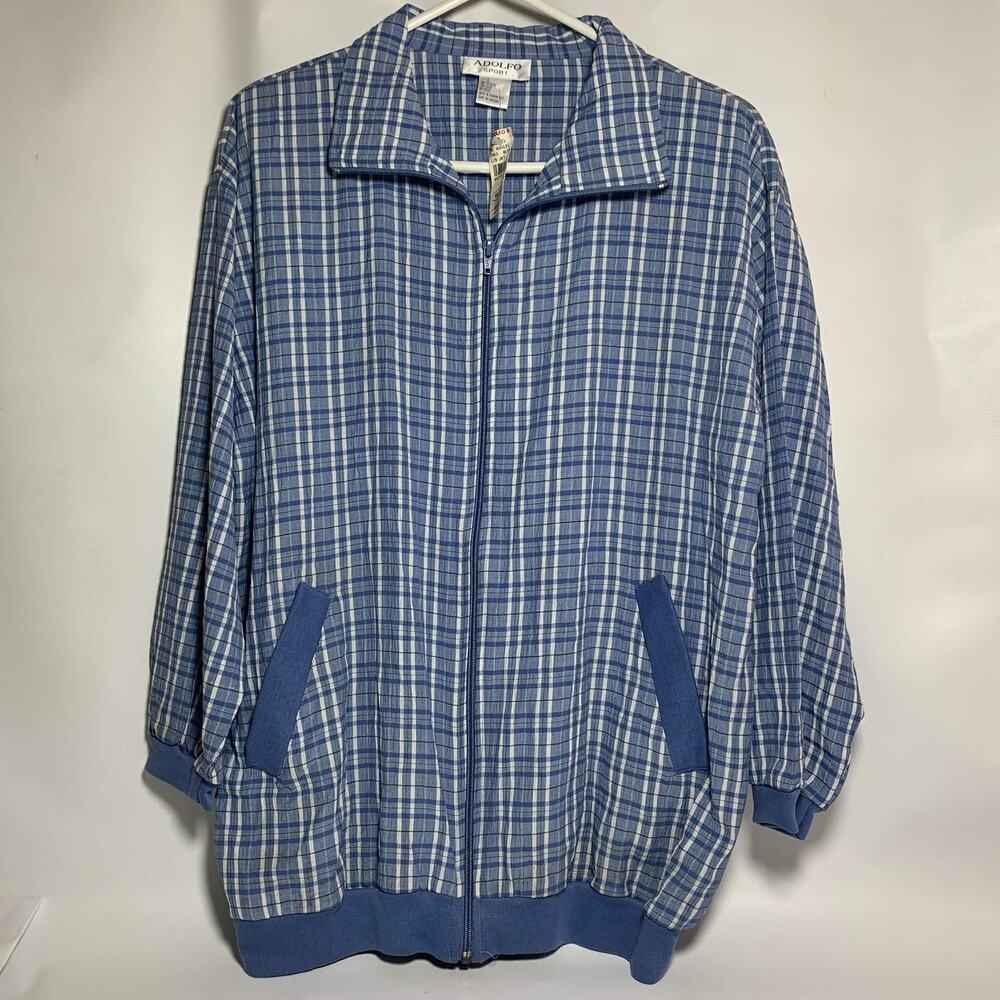 Adolfo Sport Mens L Blue Plaid Full Zip Lightweight Jacket New